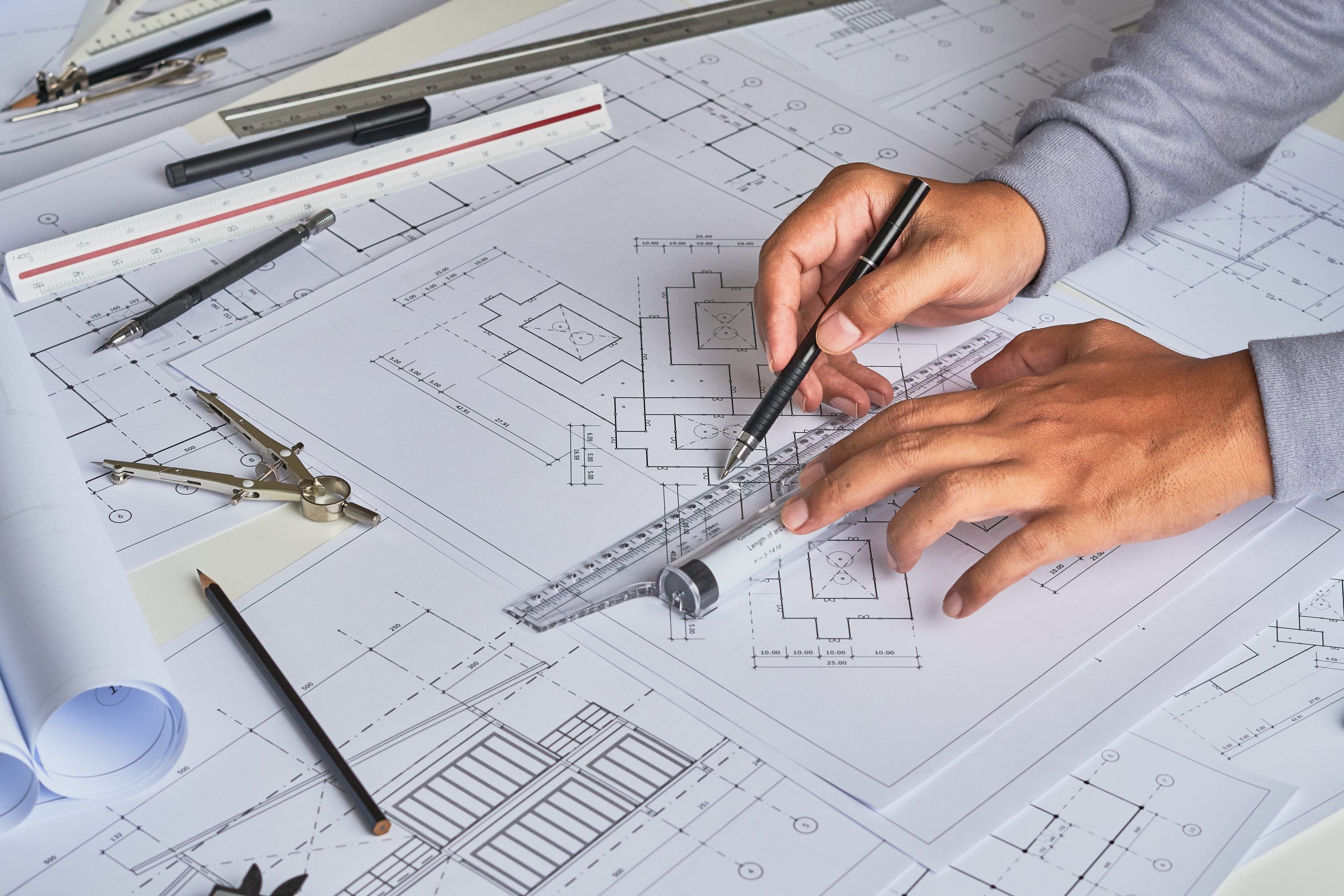 Architect,Engineer,Contractor,Design,Working,Drawing,Sketch,Plan,Blueprint,And